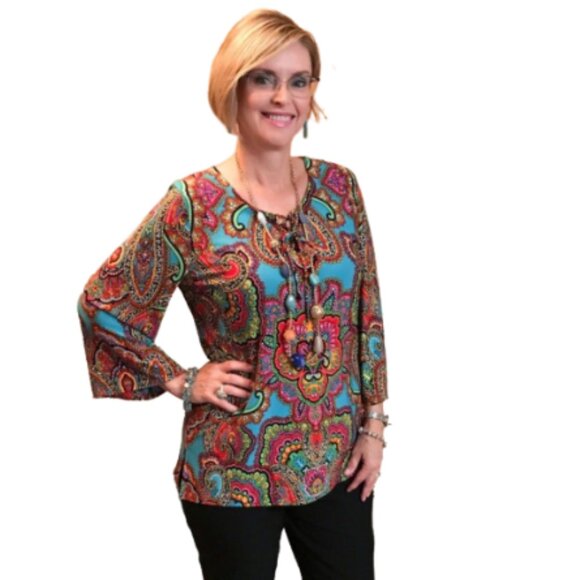 Chico's Tops - Chico's LIKE NEW size L bright colorful paisley flowy wide sleeve front lace top